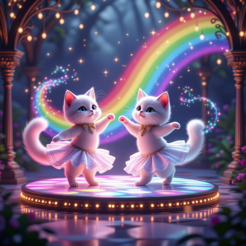 Cute AI Cats Dancing Gracefully in Dreamy Rainbow Mist