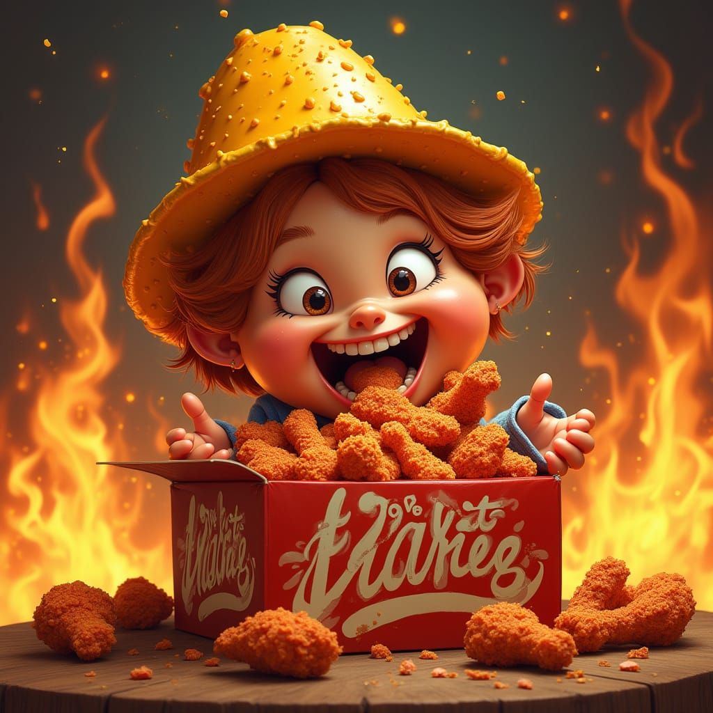 Girl in Cheese Sauce Hat Devours Hot Chicken in Flames