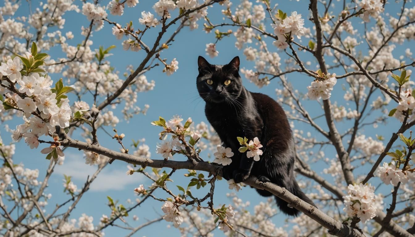 Black Cat Among Apple Blossoms in Natural Light