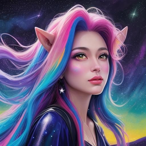 Pony Girl Watches Colorful Falling Stars, Oil Painting