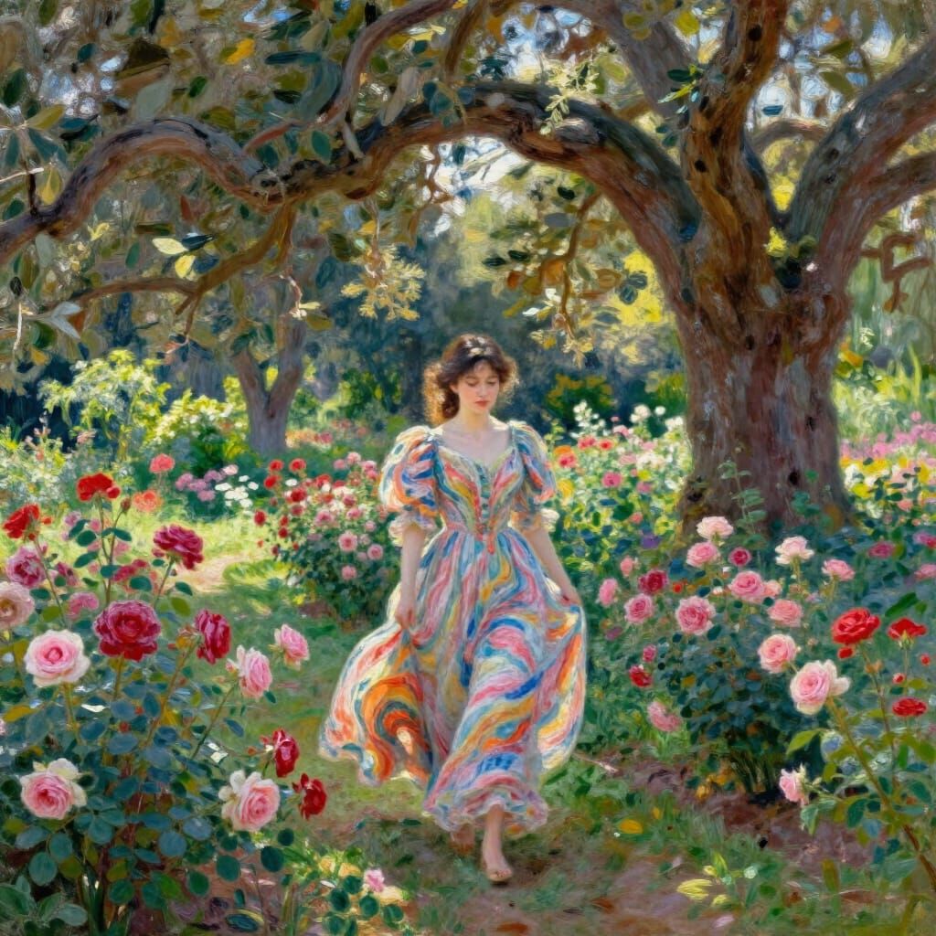 Woman in Vibrant Dress in Rose Garden with Ancient Oaks