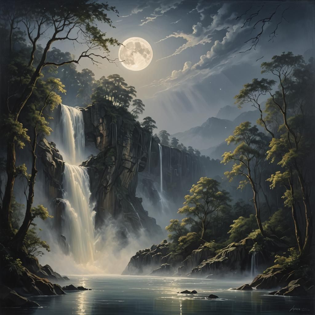 Ethereal Waterfall Swing Under the Moon: Epic Landscape