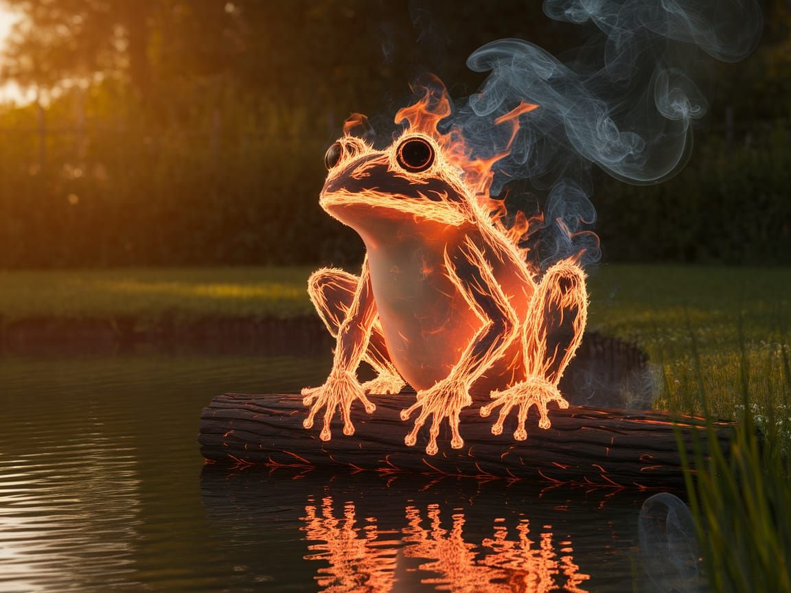 Fiery Frog on a Log by a Pond