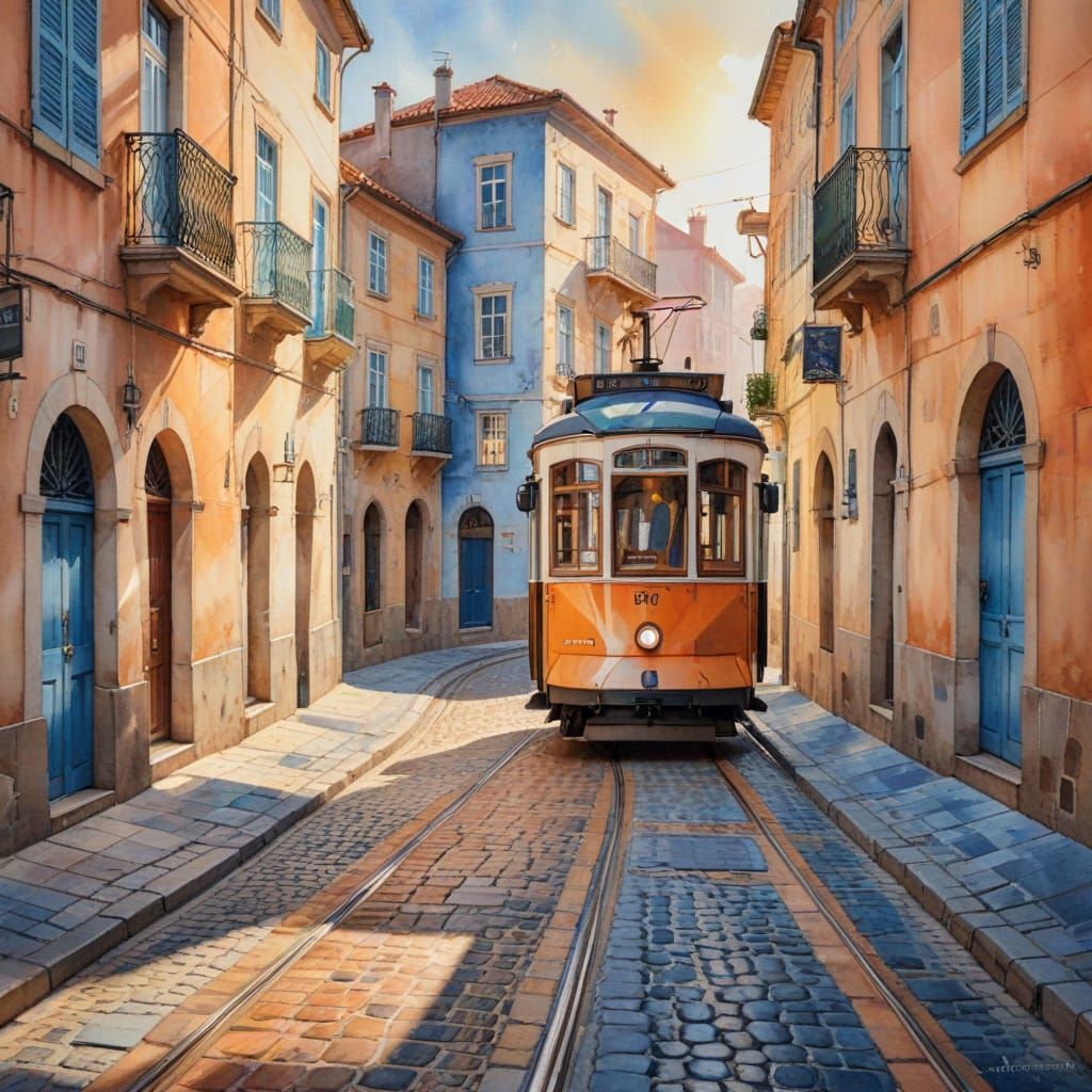 Streetcar in Portugal: A Dreamy Watercolor Painting