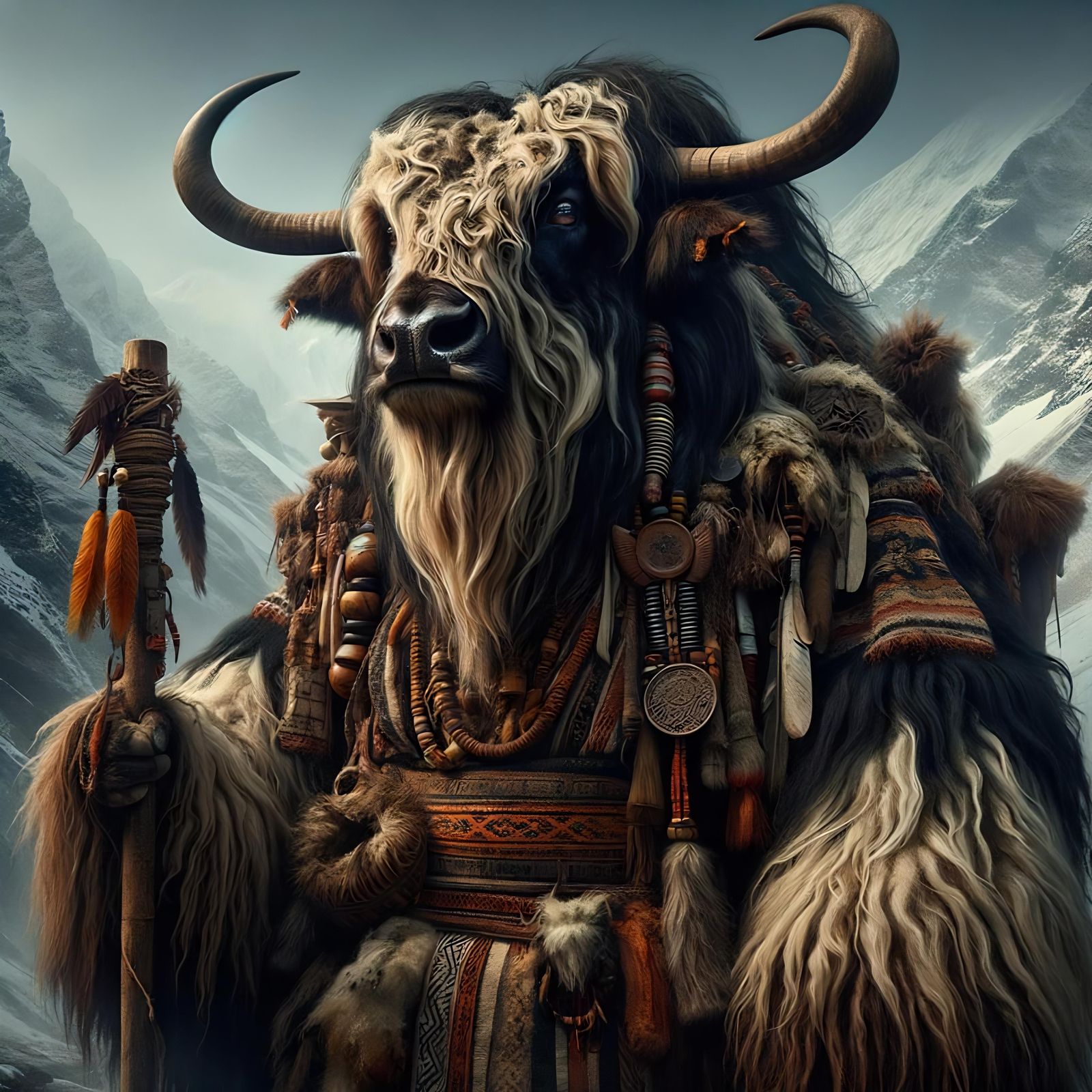 Fantastical Yak Folk in Mountainous Landscape