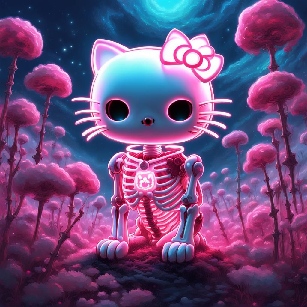 Glowing Hello Kitty Skeleton in a Galaxy of Sparkles