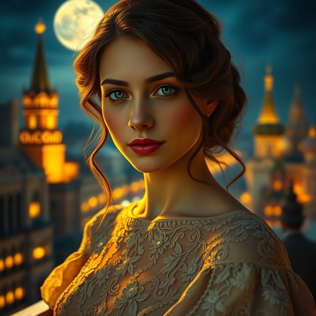 A portrait of a beautiful Russian lady in Moscow city at moo...
