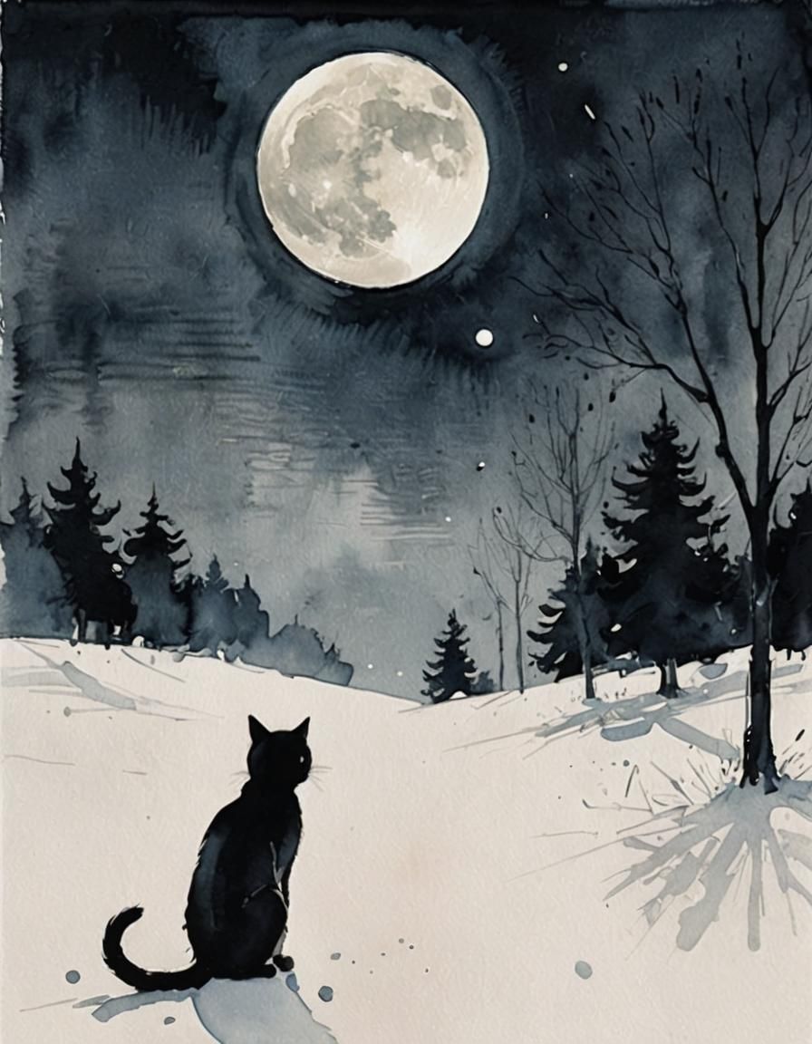 Whimsical Winter Night Scene with Curious Moonlit Cat