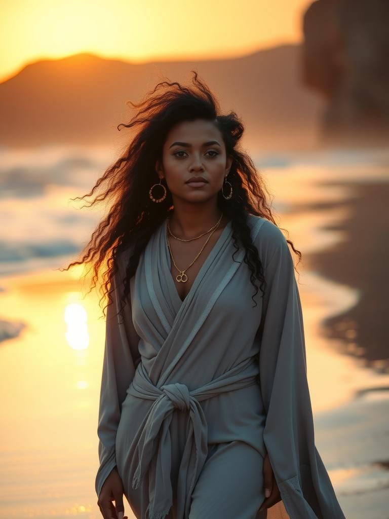 Goddess with Flowing Robes at Sunrise