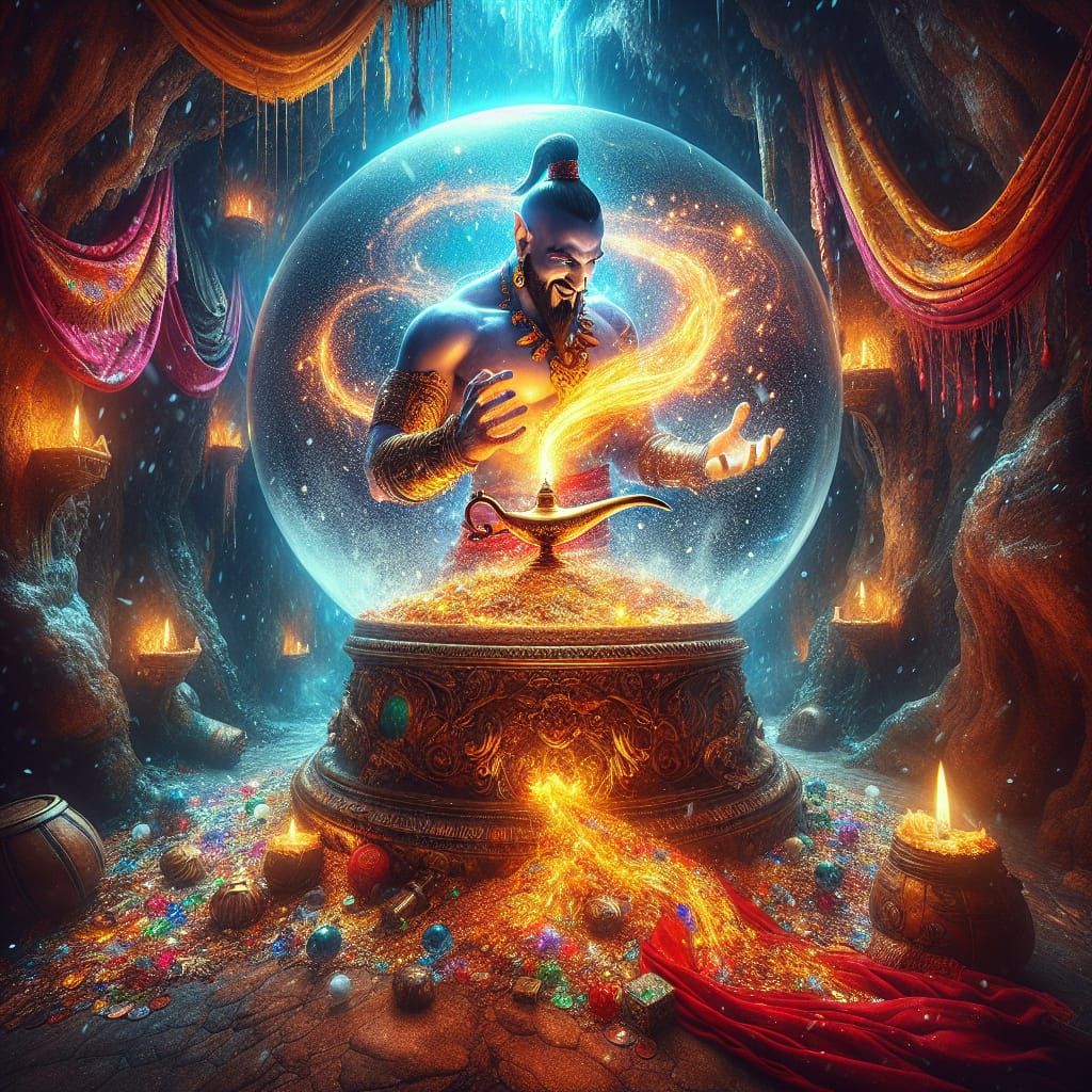Fiery Genie Erupts from Lamp Inside Snow Globe