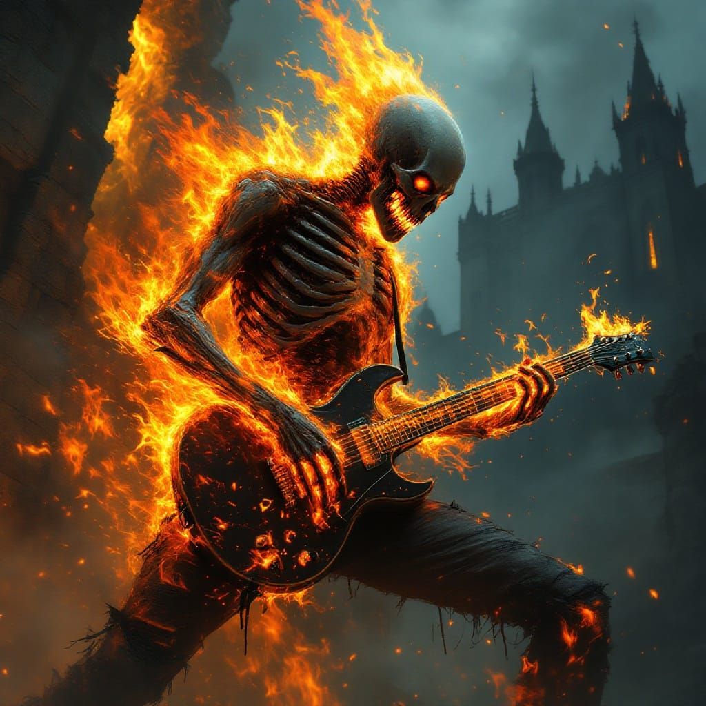Cyberpunk Skeleton Musician in Inferno of Flames