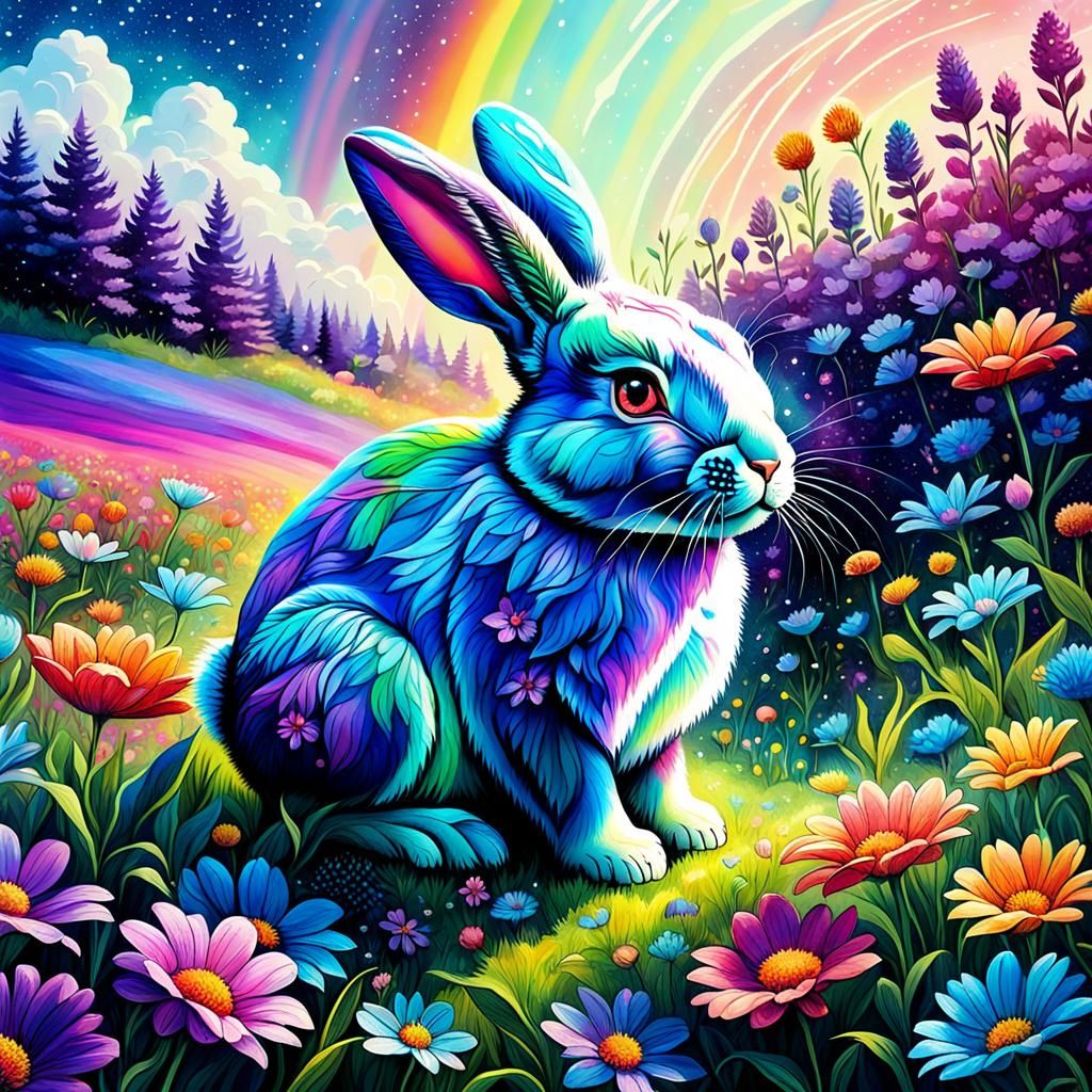 Rainbow Bunny in Flower Field: Cosmic Illustration
