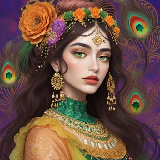 Klimt-Inspired Abstract Portrait with Peacock Feather Hair