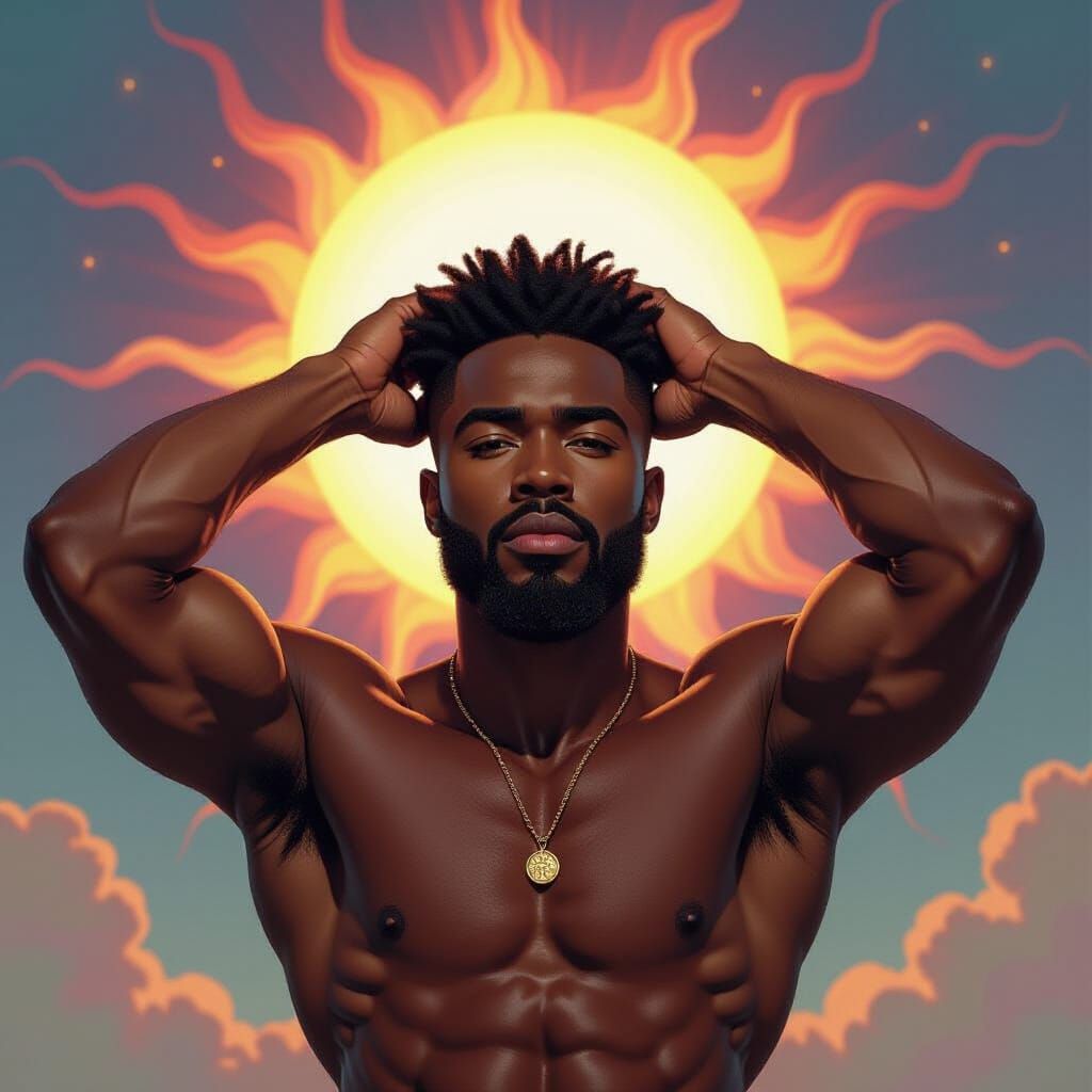 Black Man Embracing Sun in Psychedelic 5D Painting