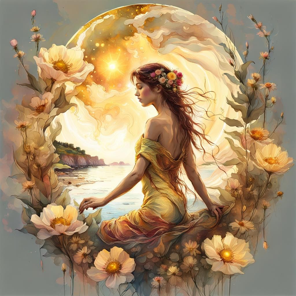 Golden Moonlit Harbor in Pre-Raphaelite Style