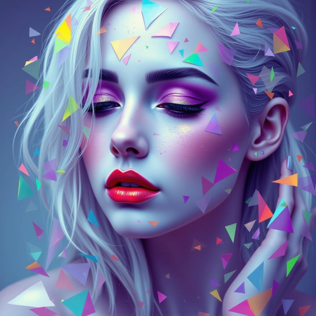 Fragmented Albino Woman Portrait Through Broken Glass