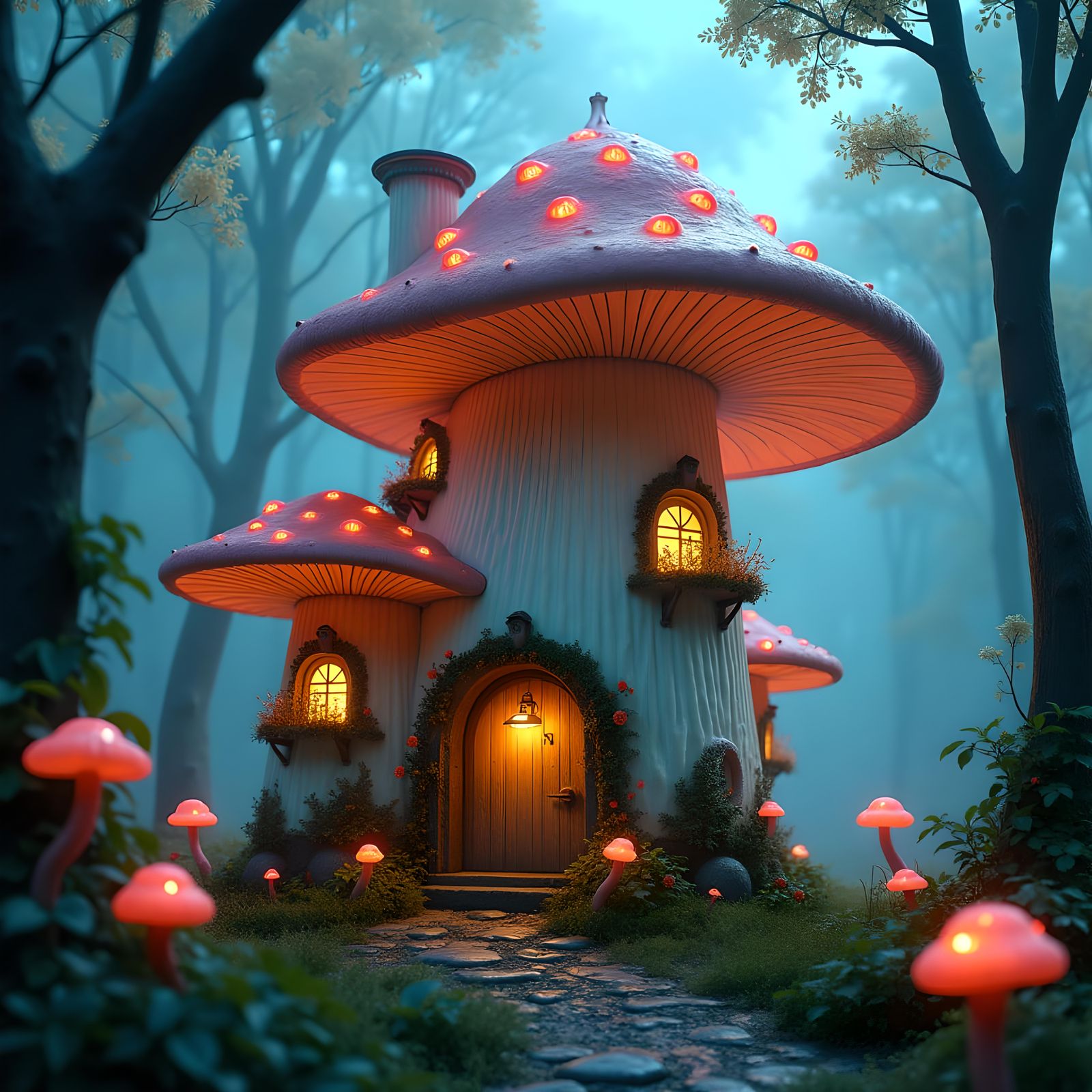 Enchanted Fairy Mushroom House in Bioluminescent Forest
