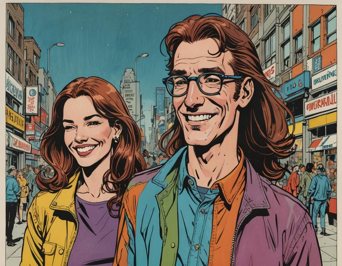 Smiling Couple in Multicolored Comic Book Style