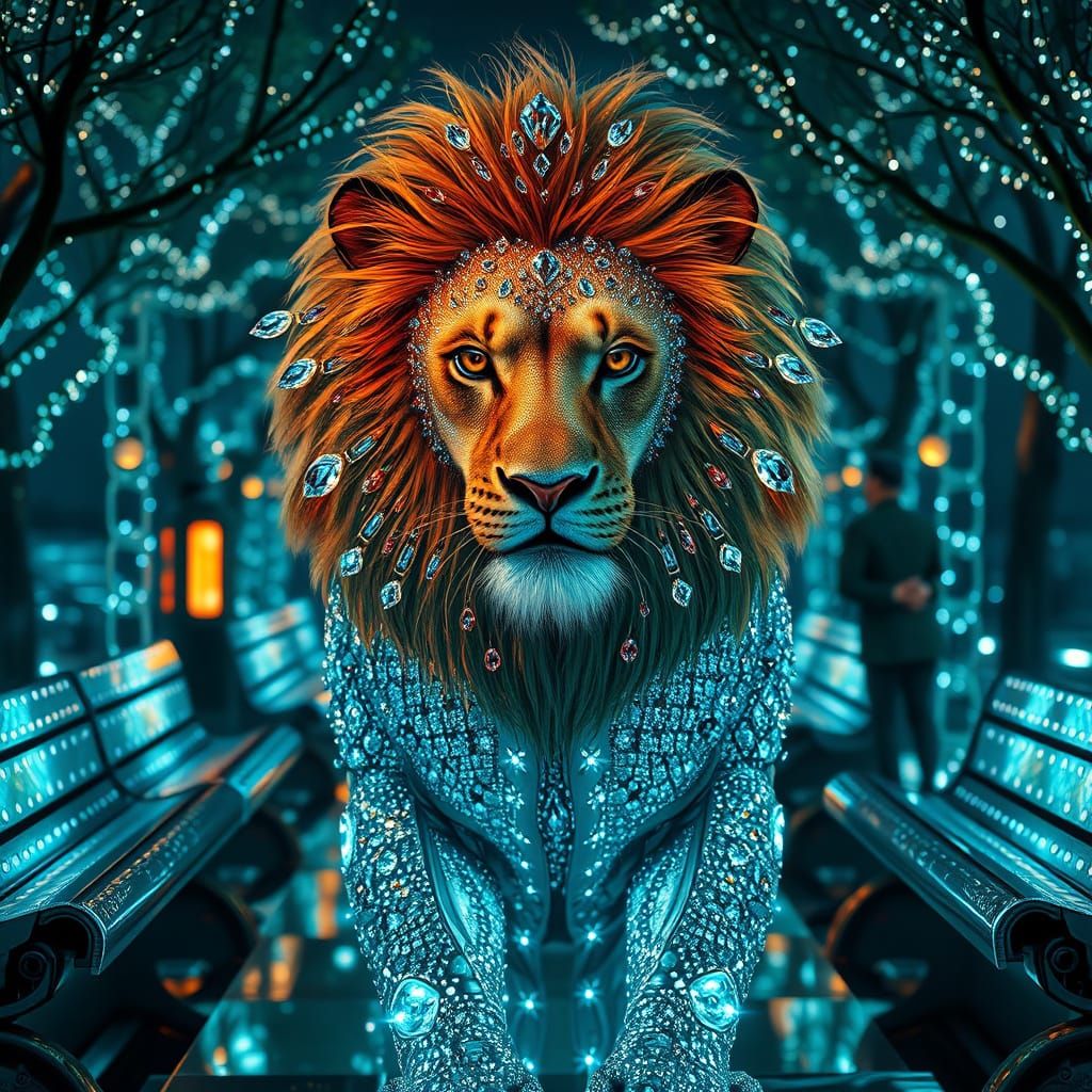 Diamond Lion in Futuristic Park, Photorealistic Style