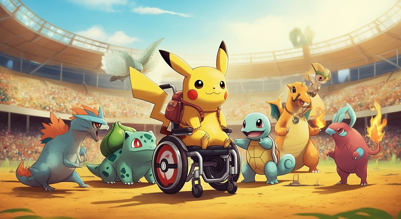 Pikachu Leads Diverse Pokémon Team in High-Tech Wheelchair