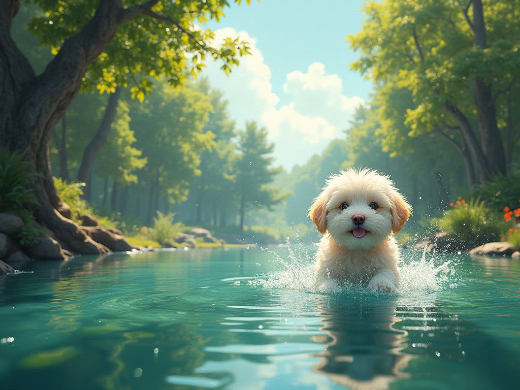 Puppy's Playful Dip: Forest Lake in Matte Painting Style