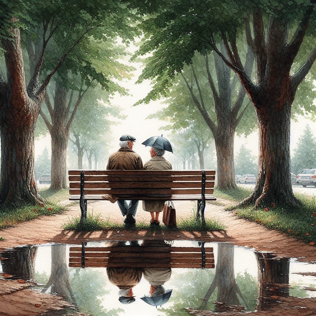 Elderly Couple's Nostalgic Reflection, Watercolor Painting
