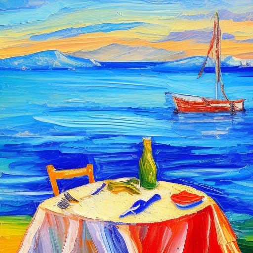 Greek Taverna by Sea: Neo-Impressionist Expressionist Painti...
