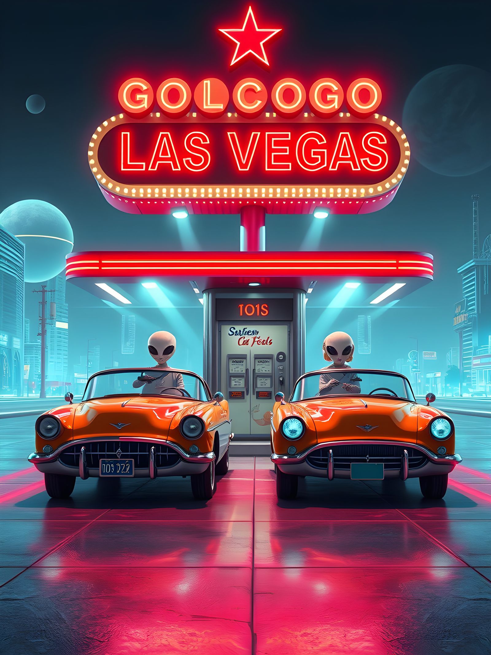 Retro Gas Station on Alien Planet in 50s Glam Style