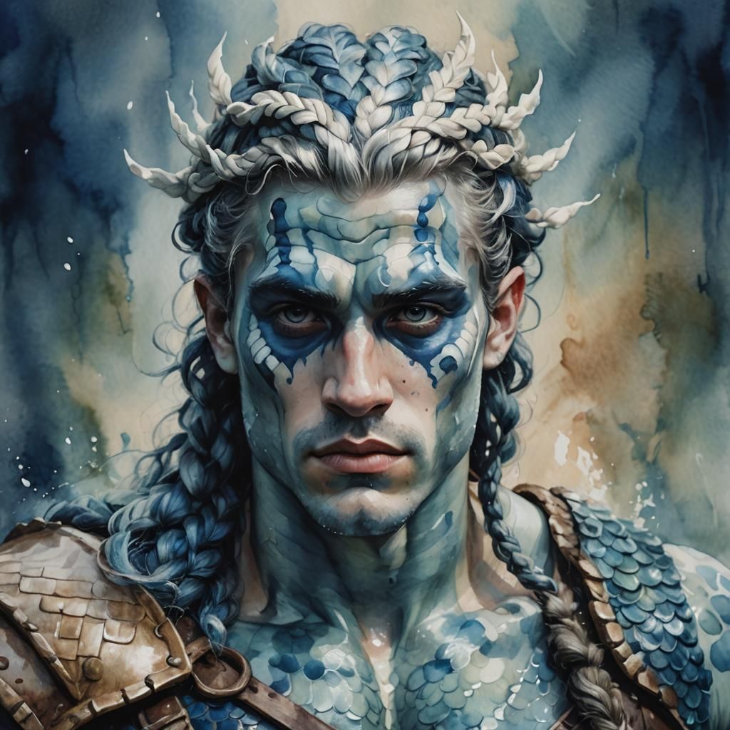 Merman Barbarian Portrait in Watercolor Style