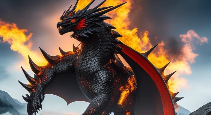 Epic Black Dragon God Surrounded by Magic Fire
