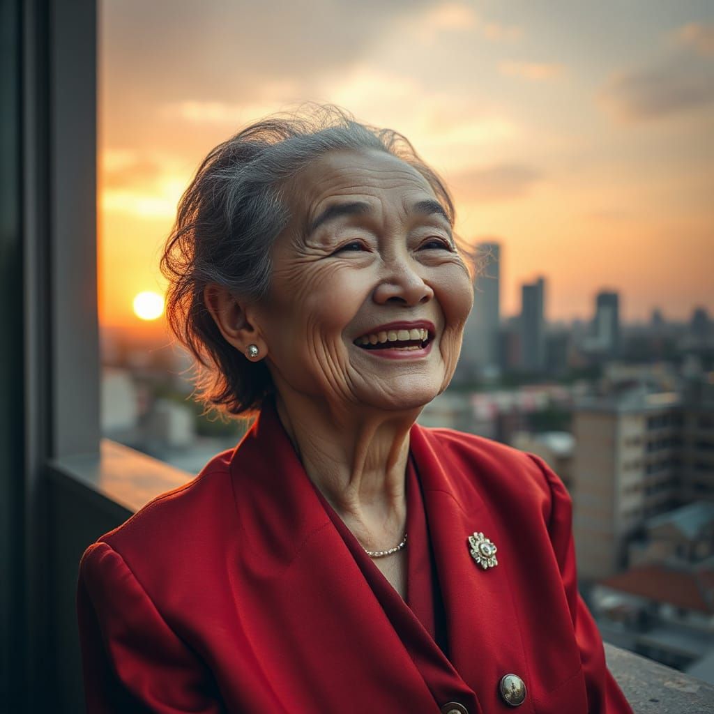 Joyful Asian Woman in Silk Suit at Sunset