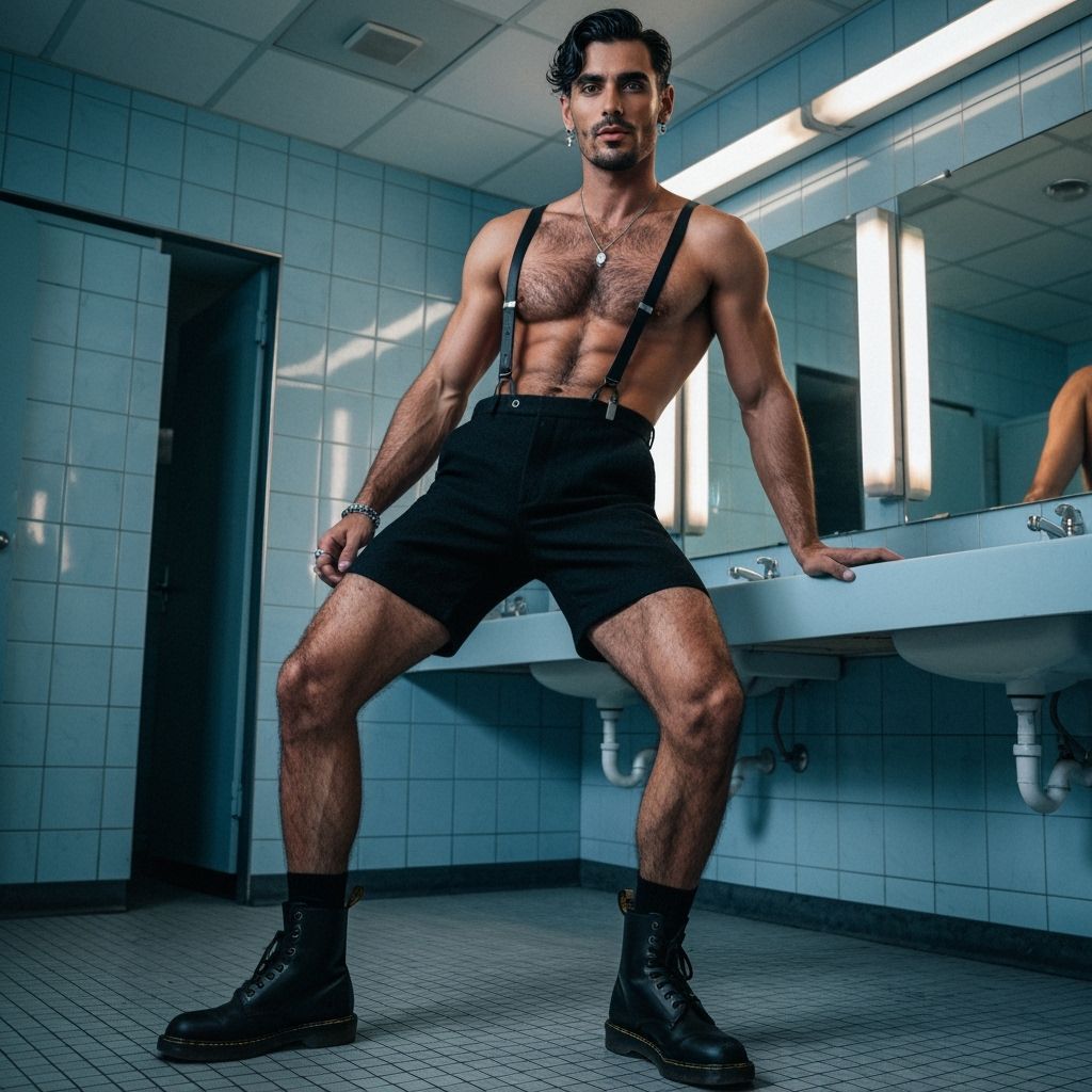 Athletic Man in Restroom with Dramatic Neon Lighting