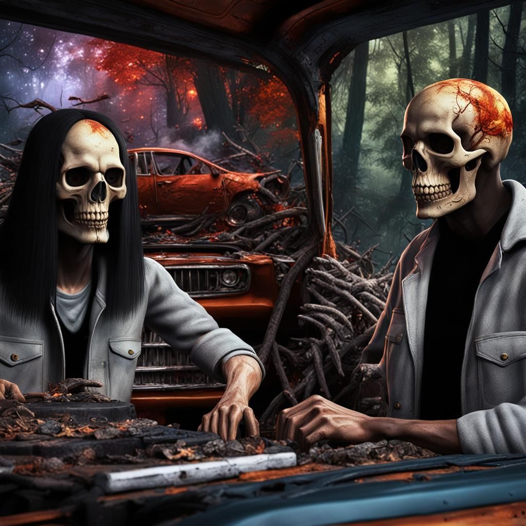 Scary Skull Auto Mechanic in Dark Woods
