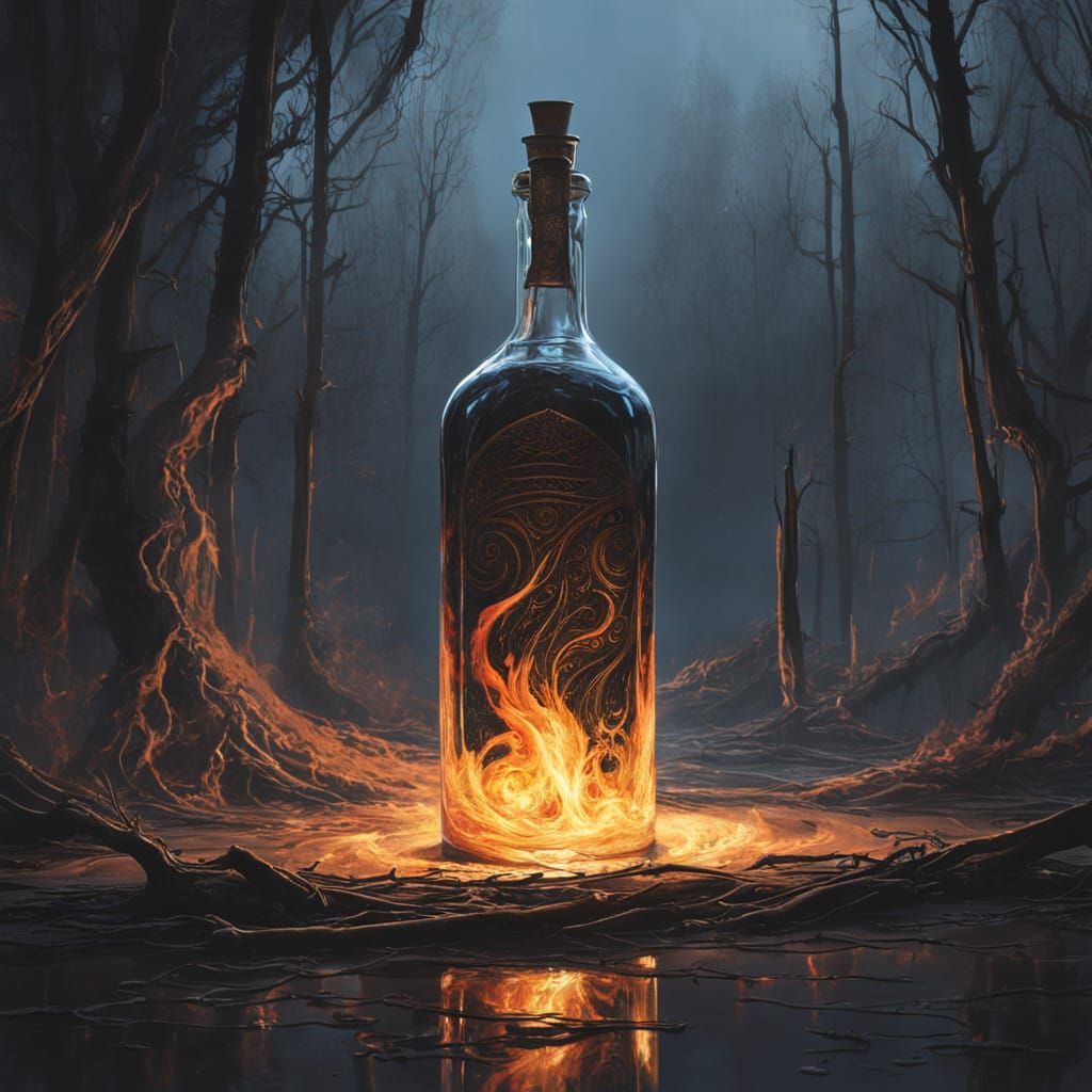 Mystical Glass Bottle Illuminated by Ethereal Flames