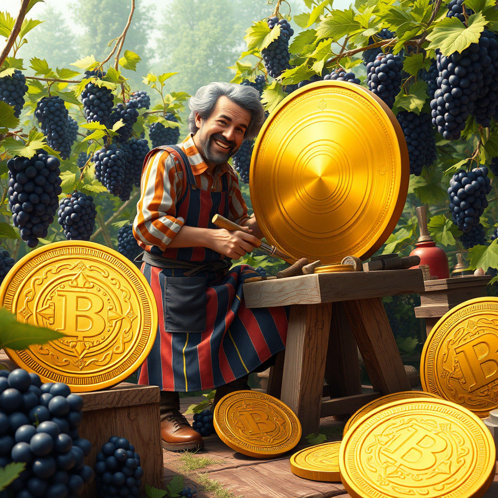 Joyful Craftsman Carving Golden Disc in Garden