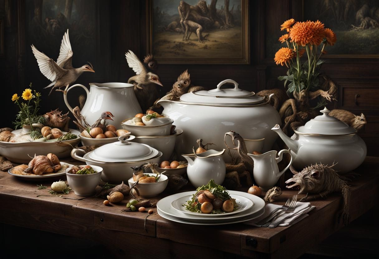 Surreal Restaurant Scene with Bizarre Creatures