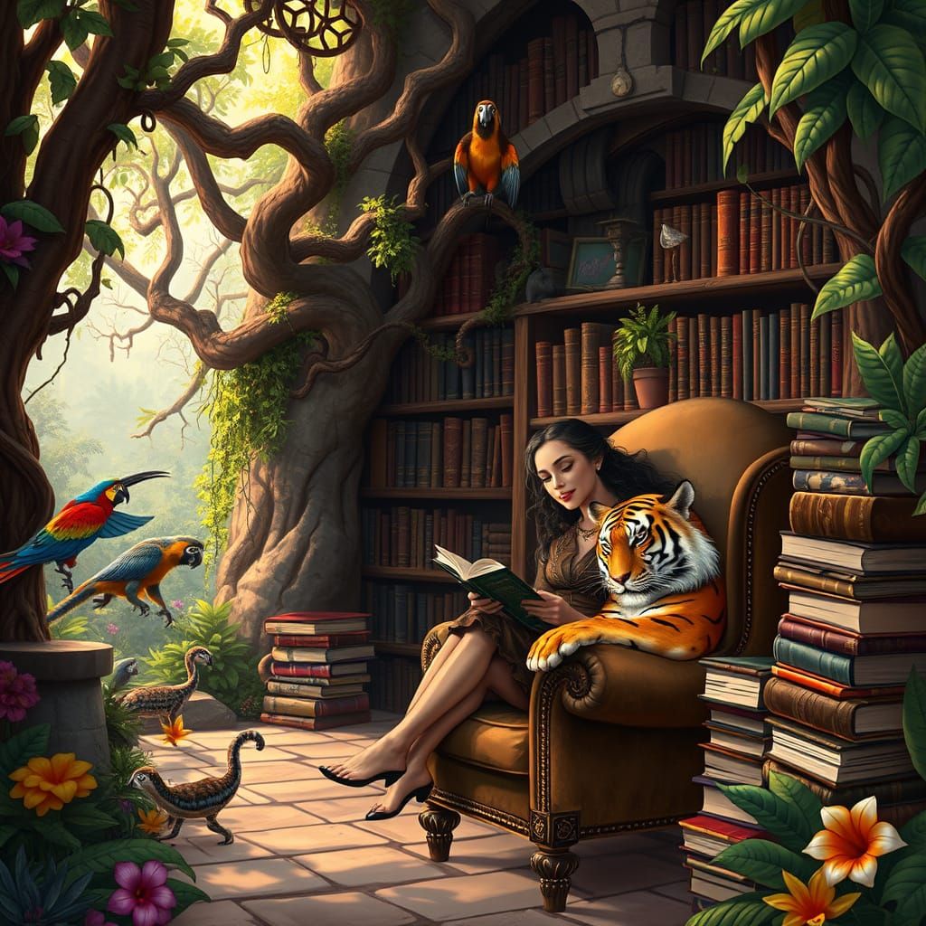 Enchanted Jungle Library with Reader and Tiger