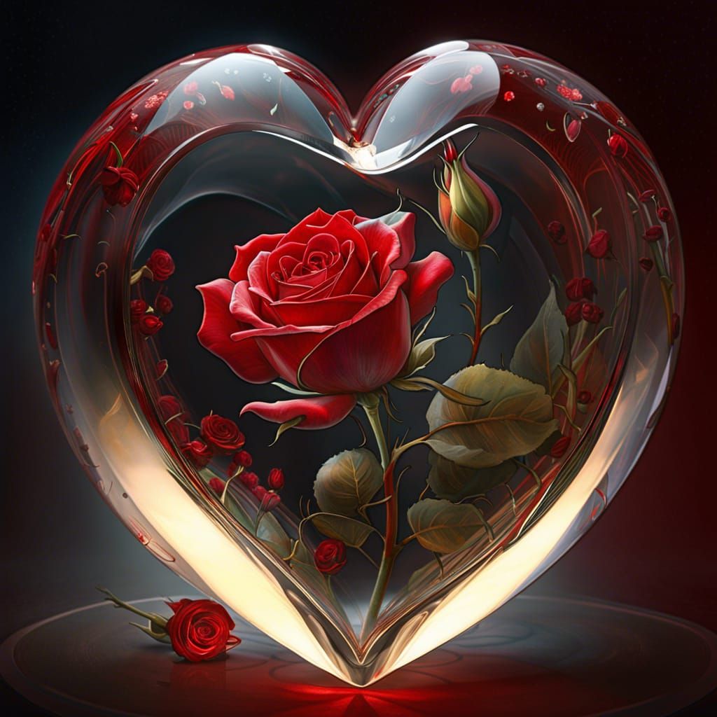 Red Rose in Crystalline Heart, Detailed Fantasy Art