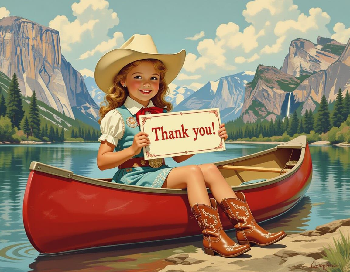 Girl in Canoe with Thank You Sign, Nostalgic Art