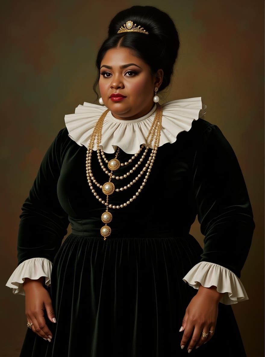 Baroque Velvet Gown with Ruffle Accents in Digital Art Style