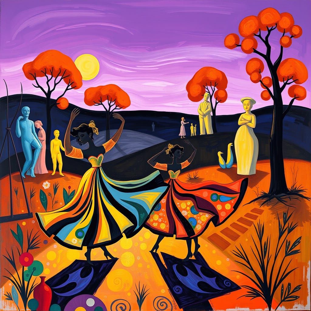 Figures Dance in Surreal Landscape, Matisse Style