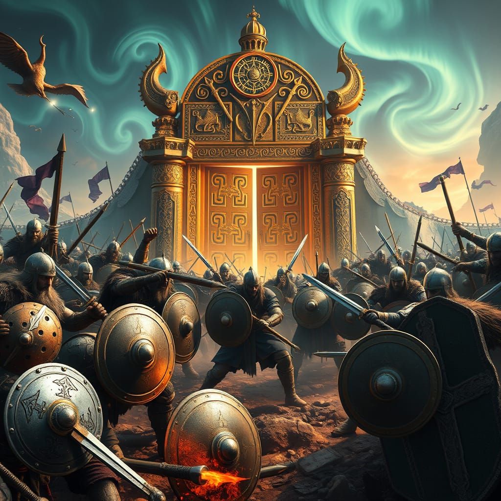 Epic Viking Battle Scene Outside Golden Valhalla Gates