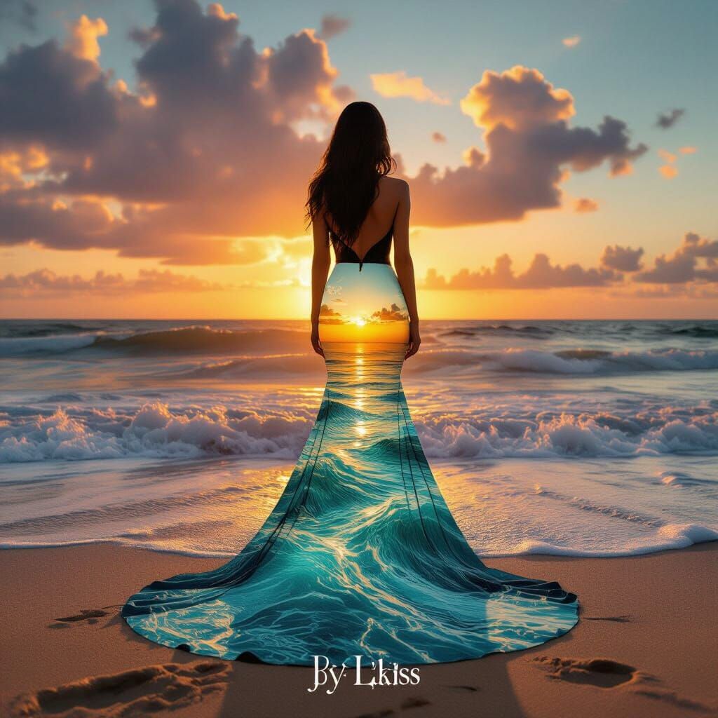 Woman's Dress Transforms Into Seascape At Sunset