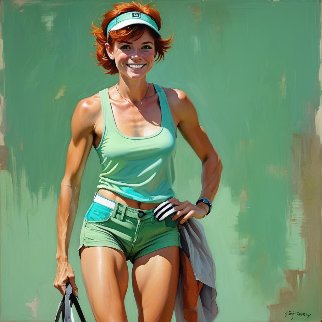 Muscular Female in Mint Green, Oil Painting Style