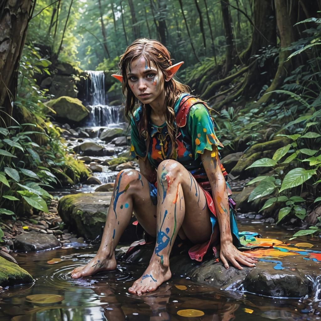 Elf in Forest Stream: Fauvist Graffiti Art