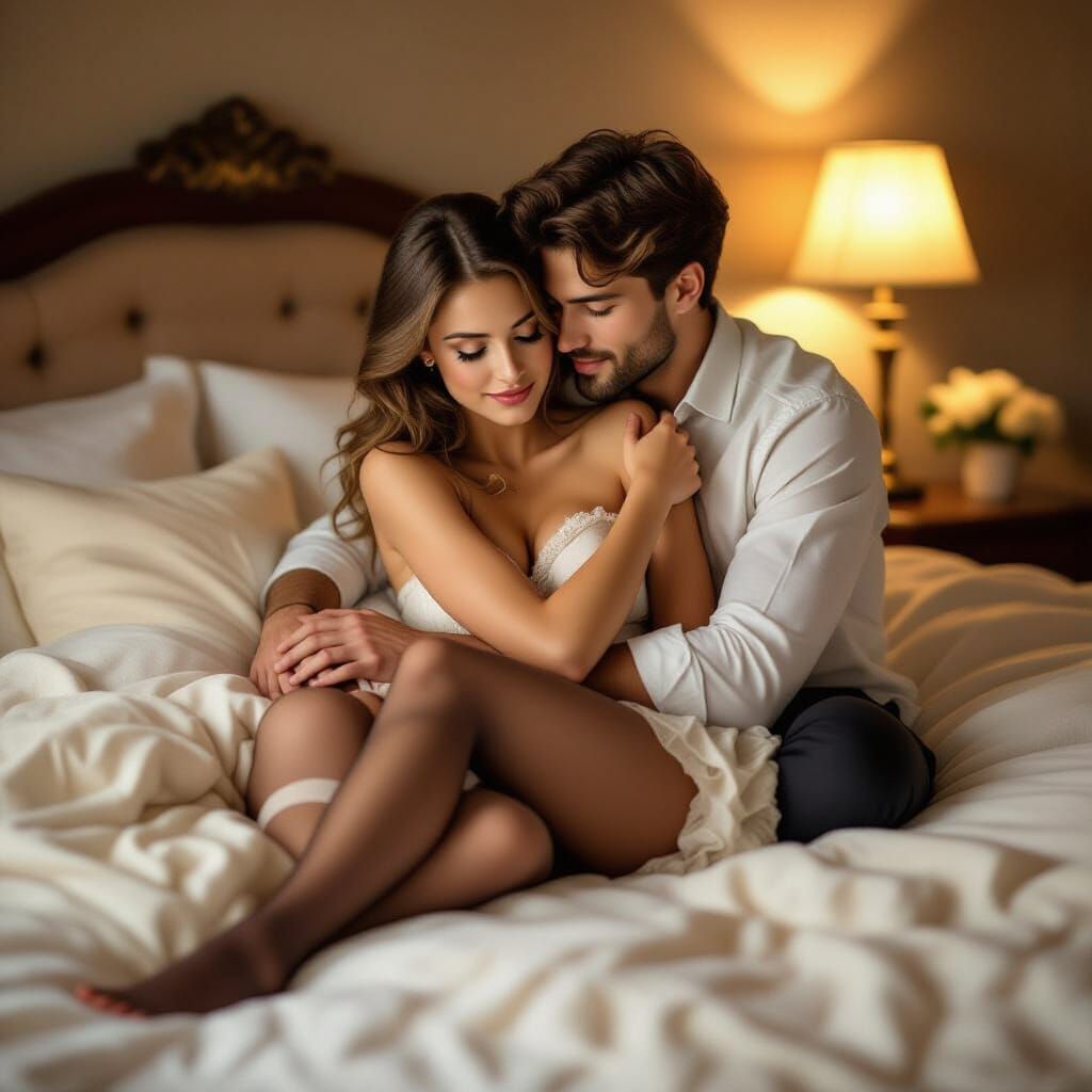 Intimate Embrace on Cozy Bed in Golden Light