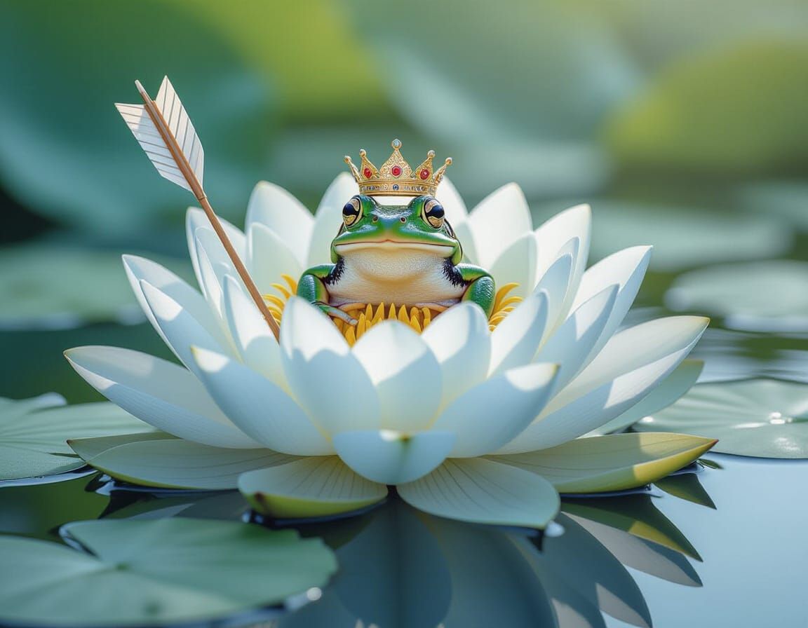 Lotus Flower with Crowned Frog: Surreal Pointillist Art