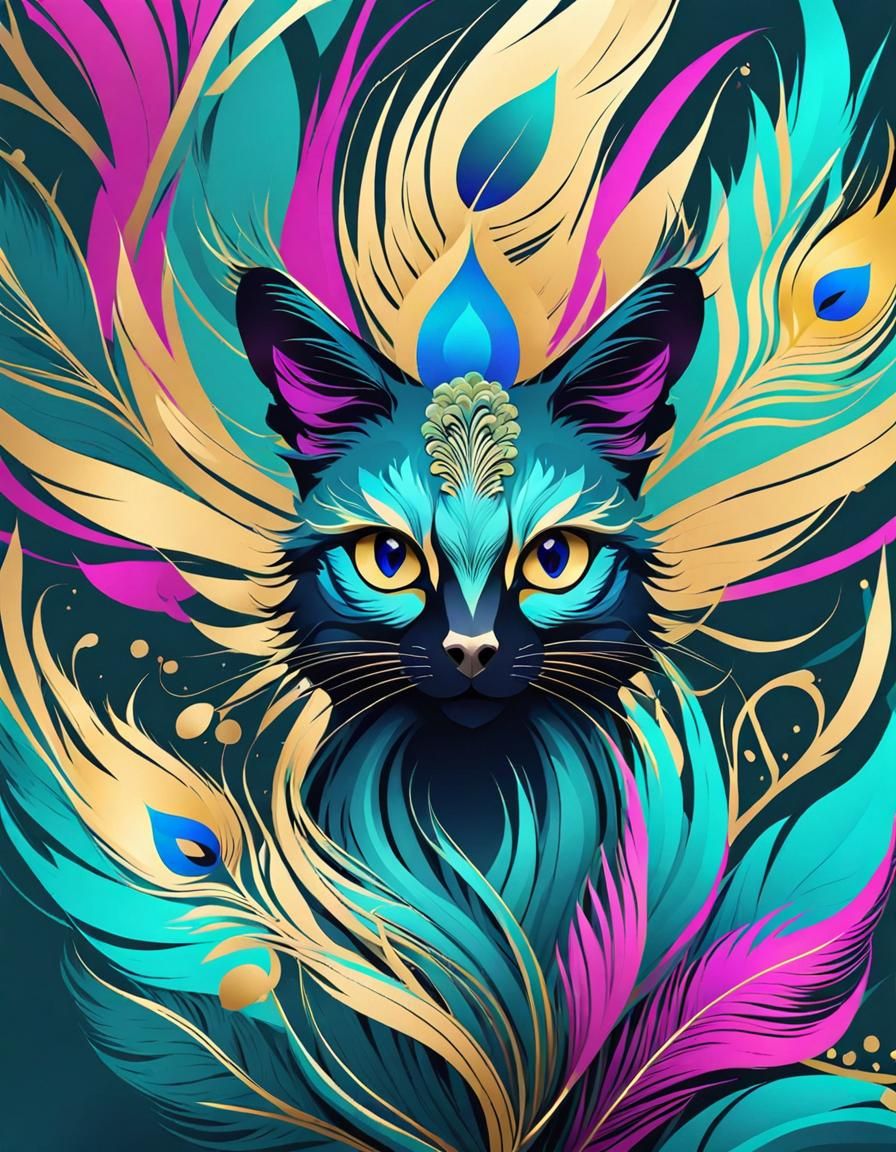 Peacock-Feathered Jungle Cat in Abstract Digital Art