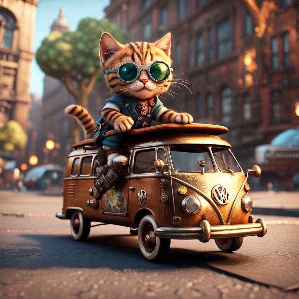 Steampunk Kitten Rides Skateboard in 3D Render