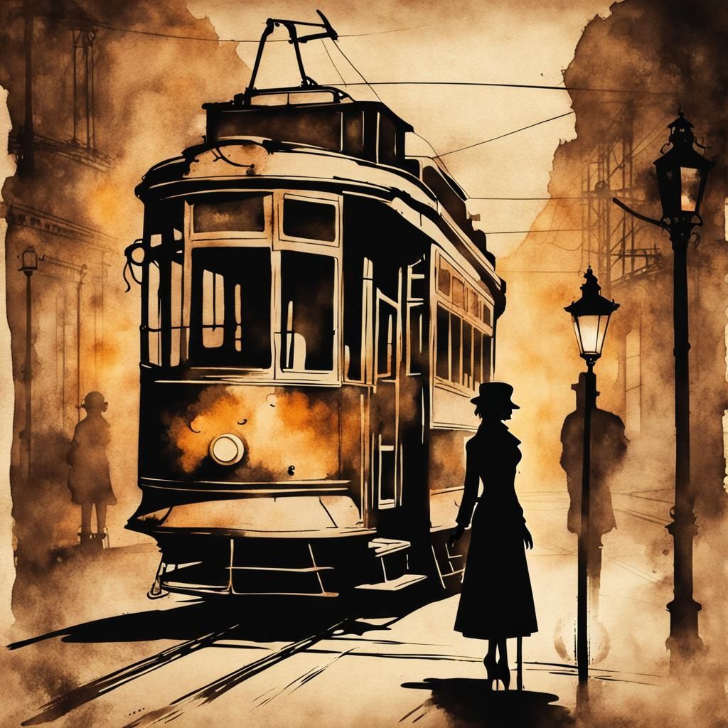 Steampunk Ink Painting: Woman by Tram